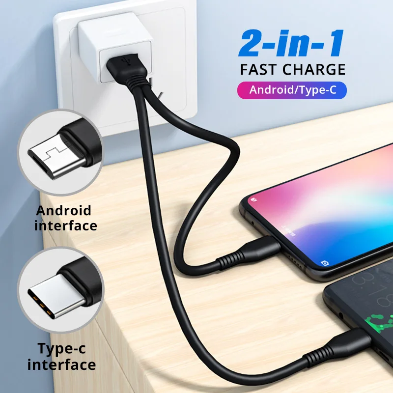 2 in 1 USB Type C Cable Micro USB Cable Dual Type C USB C Data Cable 2A Type-C Quick Charge Cord for Android iPhone Huawei