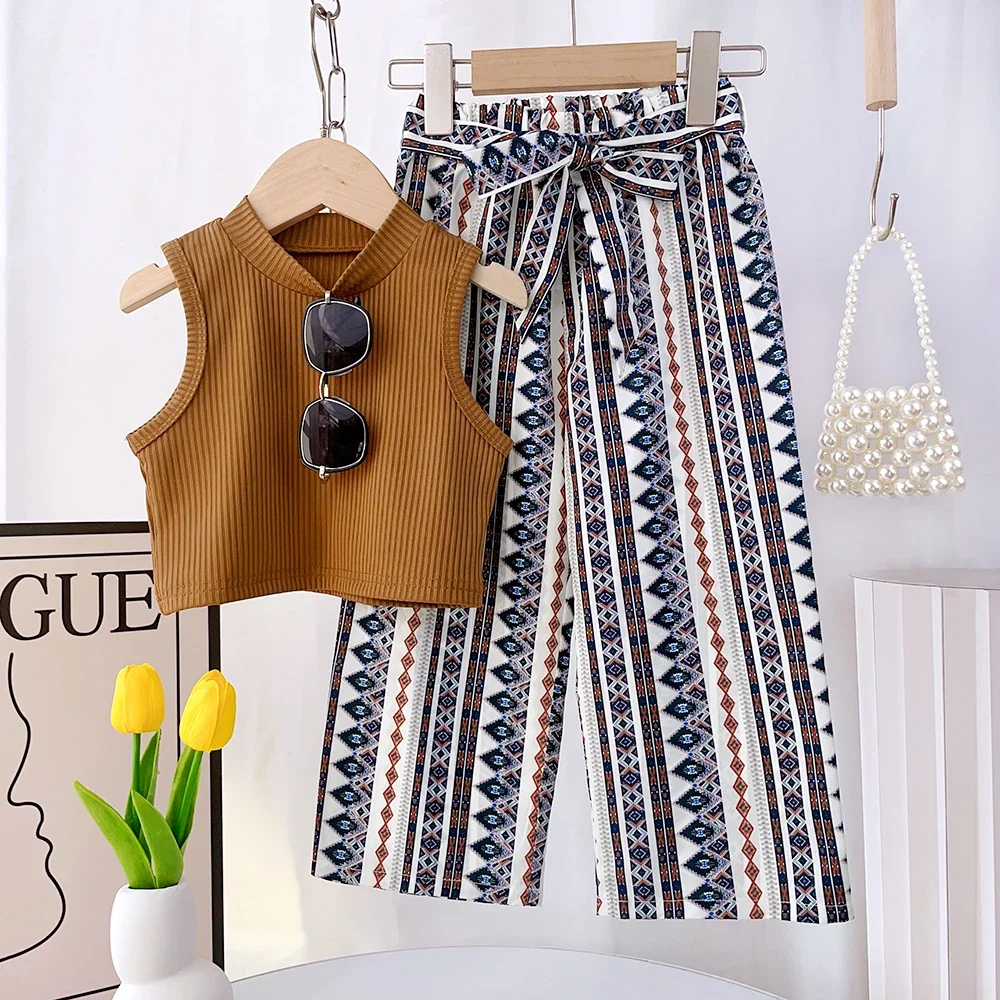 

Baby Girls Clothing Sets Summer Solid Color Pit Stripes Vest and Geometric Printing Wide Leg Pants 2 Pieces Suits