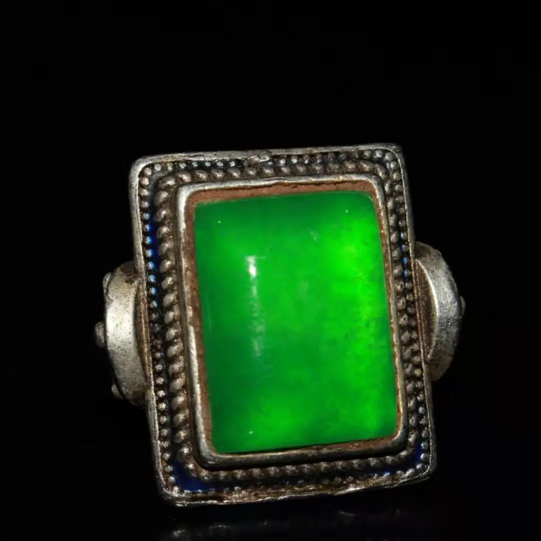 

Collection Chinese old Tibetan silver cloisonne inlaid green stone jade square ring ornament