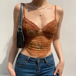 Floral Print Vintage Aesthetic Mesh Camisole Women Brown Cute Y2K Crop Top