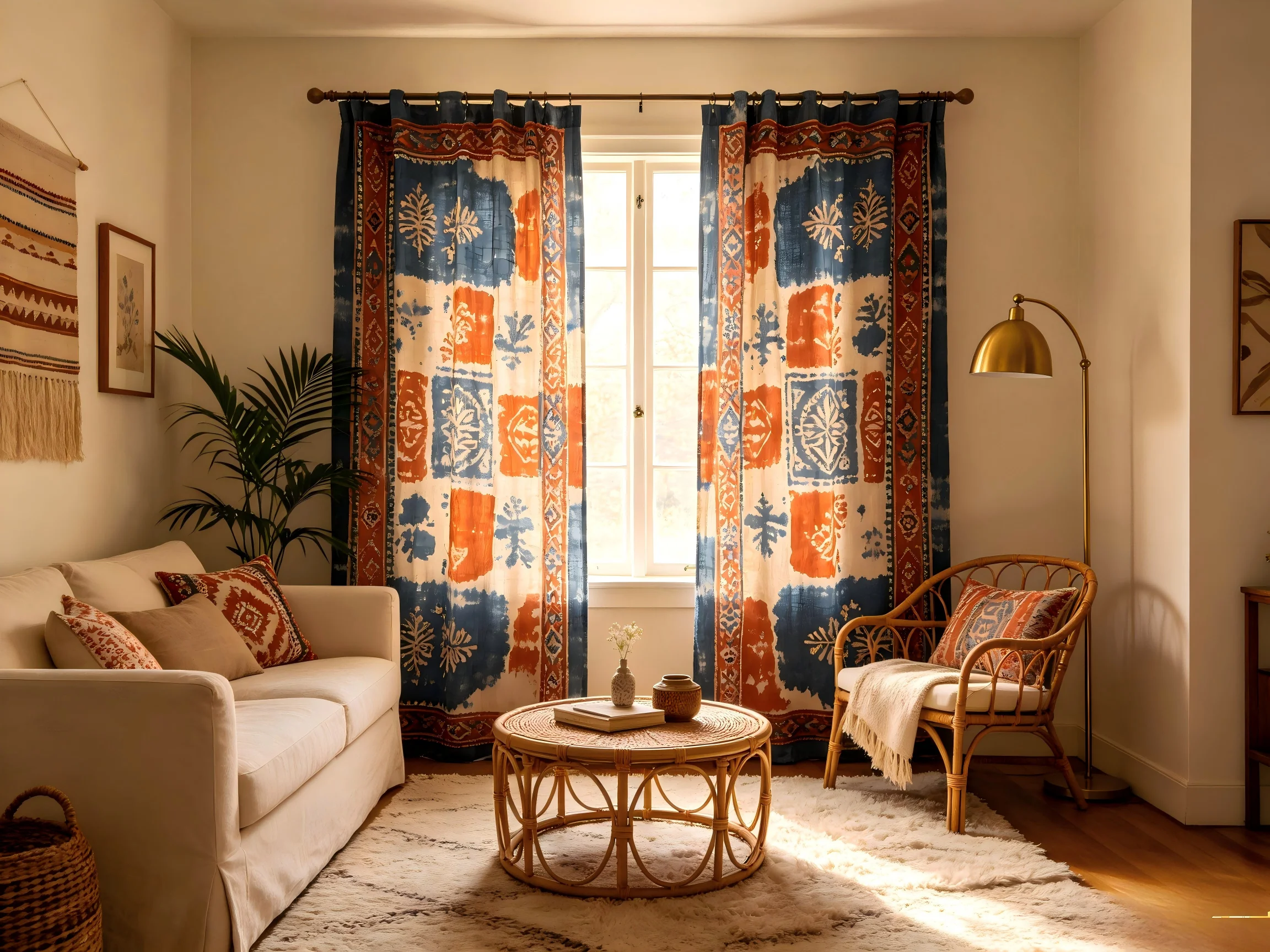 200154    Indigo orange batik cotton linen curtain Bohemian living room