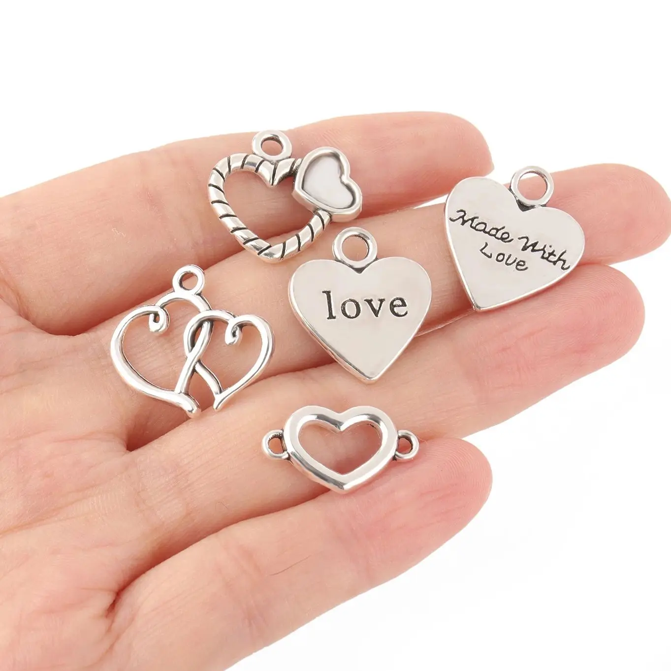 Silver Color Love Heart Shape Pendant English Lettering Alloy Charms Jewelry Making DIY Earring Necklace Bracelet Findings 10pcs