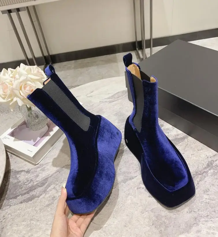 Soft Cake Thick Bottom Water Platform Velvet Slip on Short Boots Female Gold Blue Gorgeous Luxury Height Increasing Party Shoe