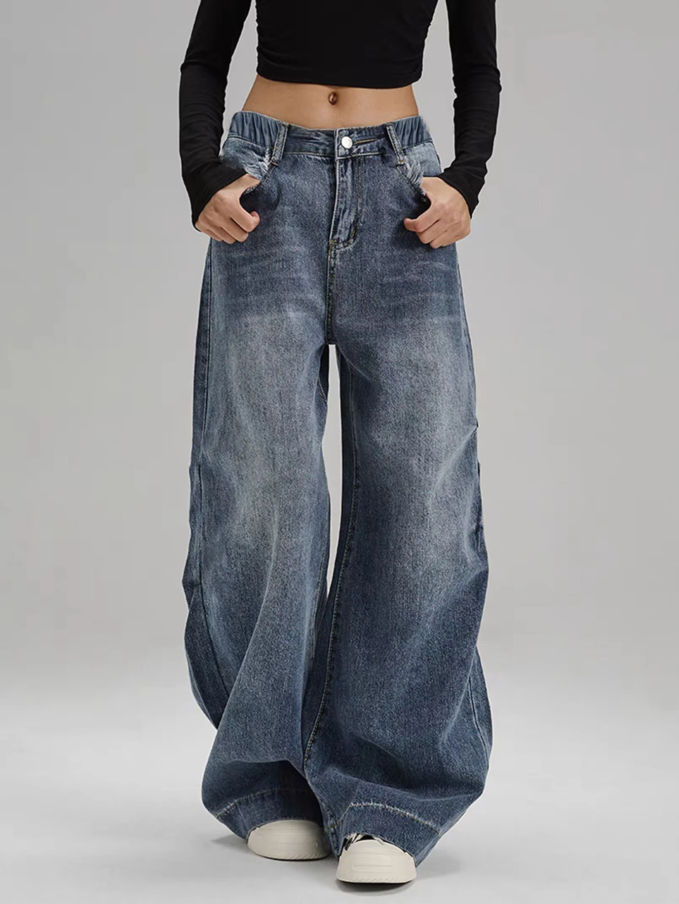 

Teenage Girl Vintage Wash Blue High-Street Long Denim Flared Loose Casual Straight Leg Pants