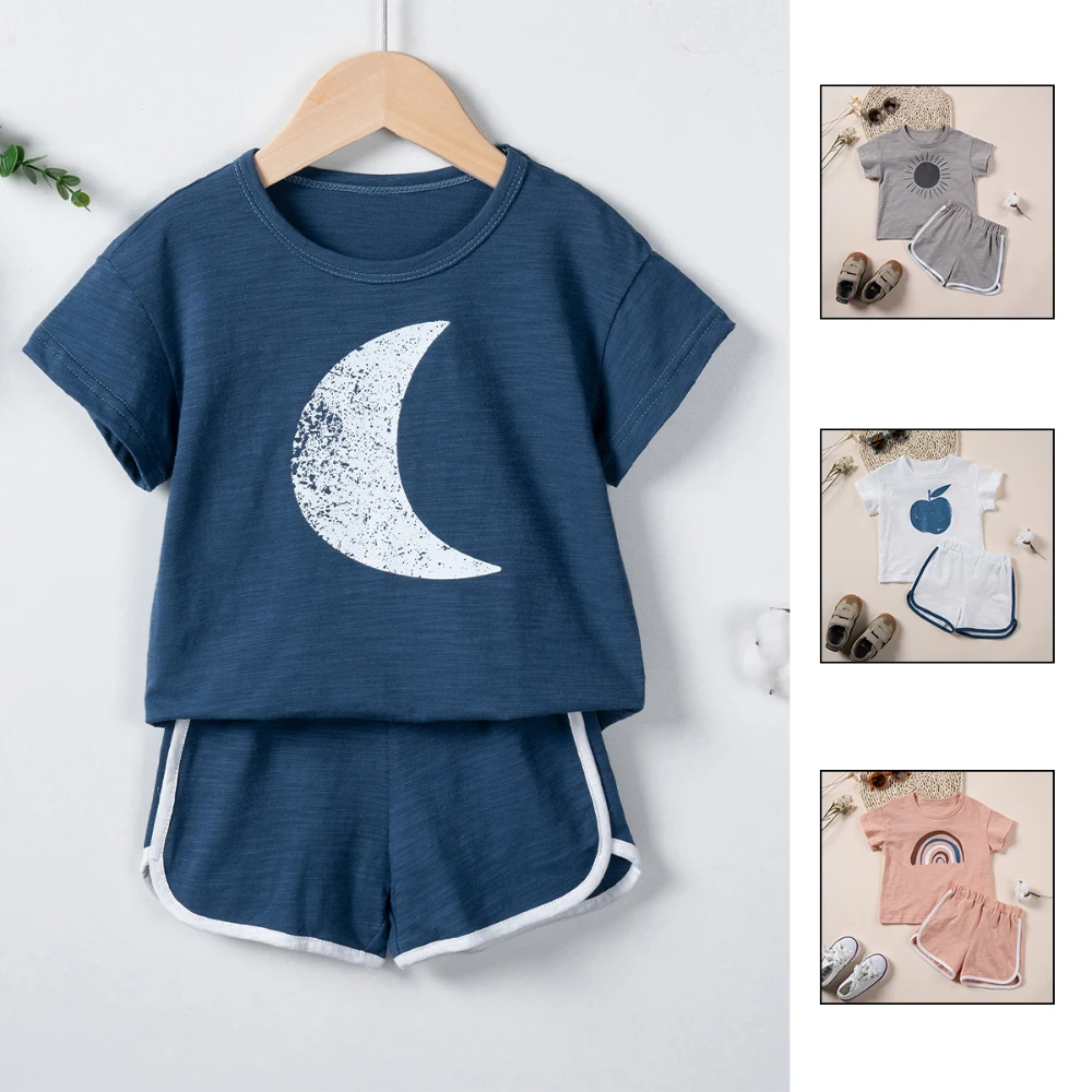 

Summer Children's Clothes Boys Casual Cotton Girl's Suit Rainbow Moon Two-piece Printed Short-sleeved Top + Shorts Soft Smooth