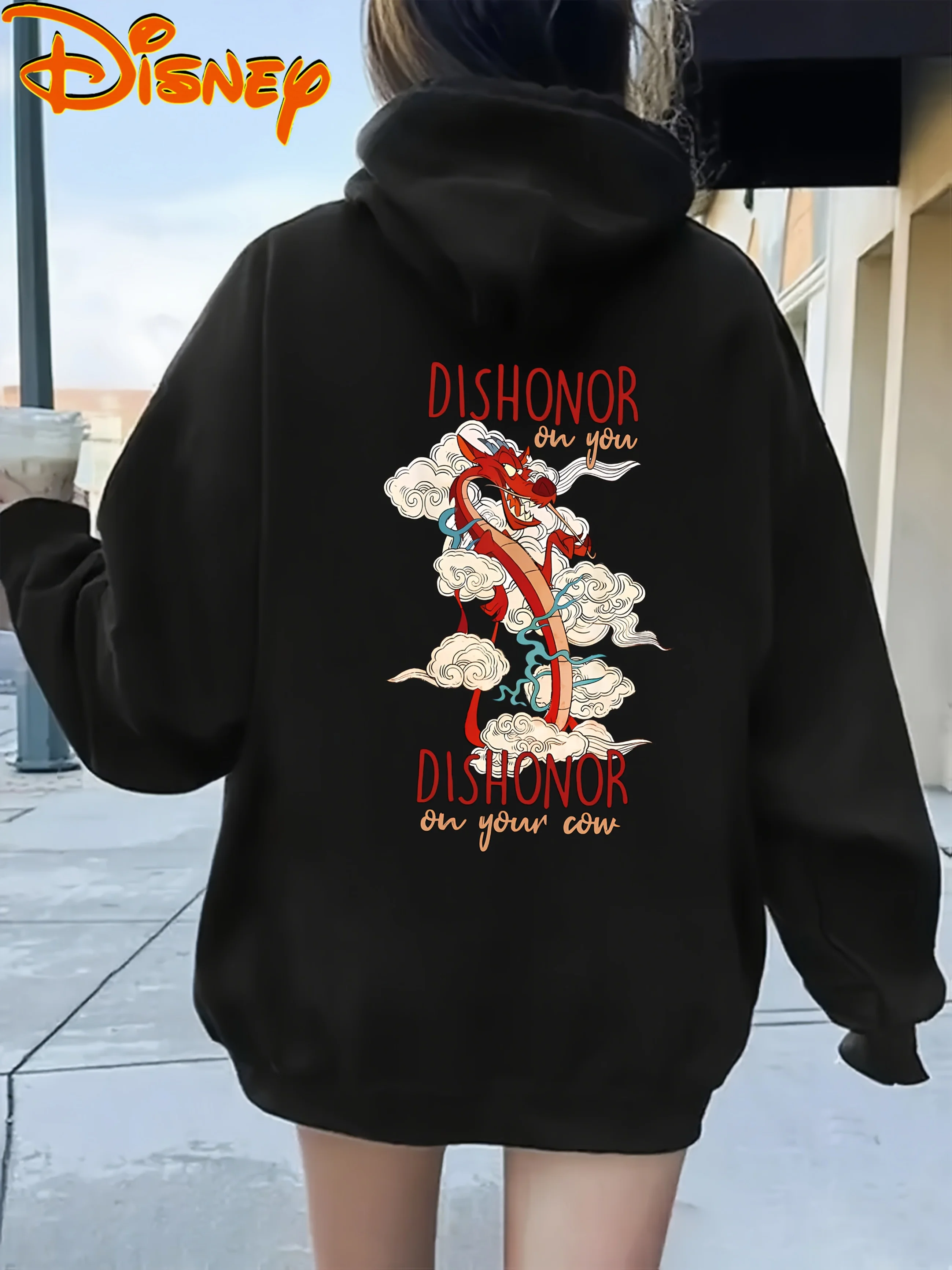 سلسلة ديزني مولان موضوع الصينية لونغ عنصر الطباعة المرأة هوديي جيب الخريف الشتاء هوديي سستة سترة #2