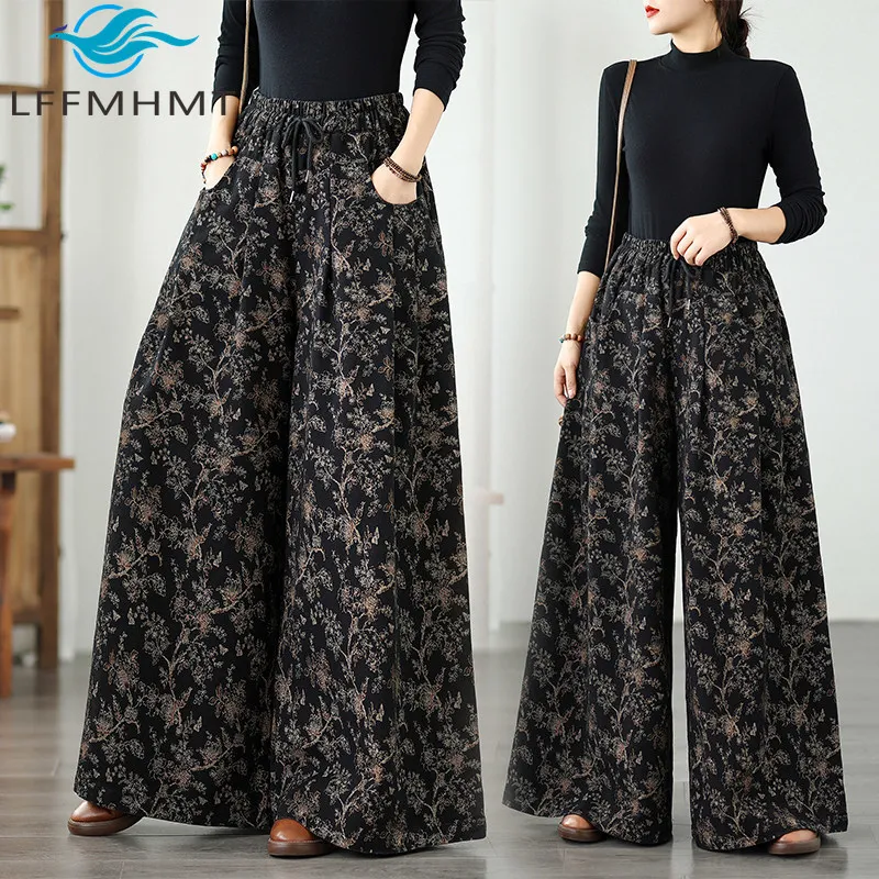 

Floral Print Wide Leg Denim Pants for Women Spring Summer Fashion Elastic Waist Loose Casual Streetwear Hip Hop Female Jeans