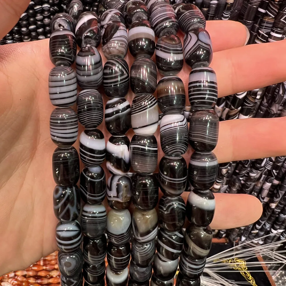 Natural Stone Black Agate Stone 8x12mm Drum Agate Beads Spacer Beaded 15'' Strand For DIY Jewelry Making Bracelet Accessories
