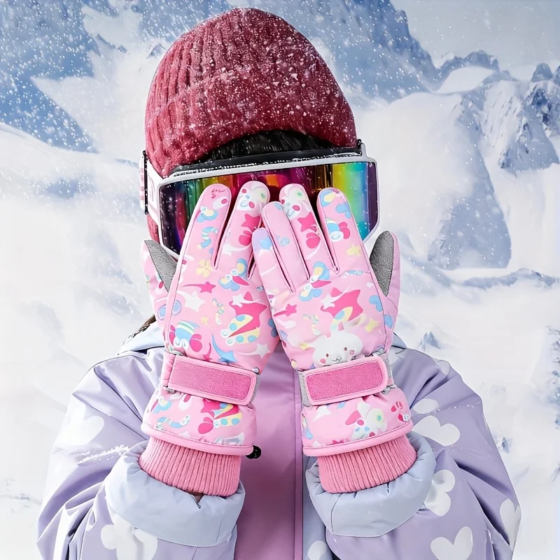 Children Winter Gloves Ski Gloves with Cute Patterns, Thick Warm for Windproof & Cold Outdoor Ski Gloves Soft Lining Ski Gloves