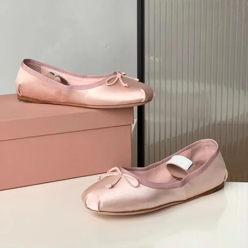 2024 Spring and Summer New Silk Ballet Shoes Comfortable and Versatile Bow Strap Mary Jane Shoes Flat Shoes for Women