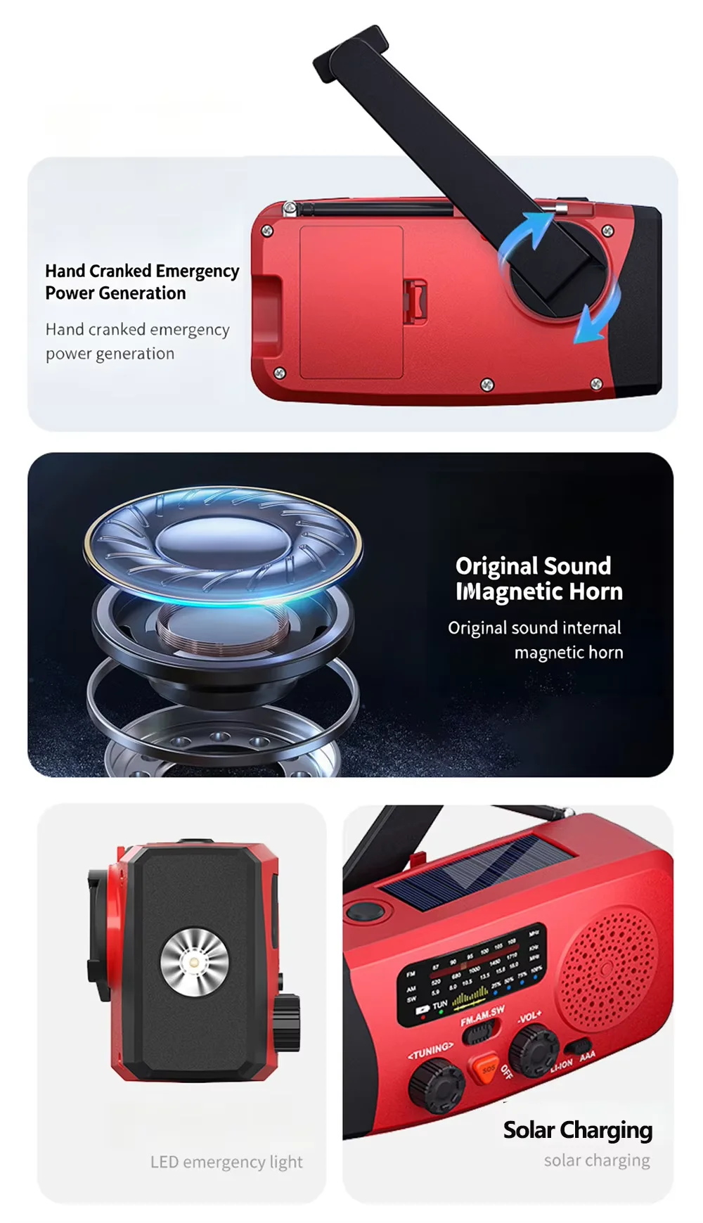 Notfall-Solar-Handkurbelradio AM/FM/SW, tragbare Warn- und Überlebens-Taschenlampe, Powerbank-Handy-Ladegerät für Camping und Hurrikan – Detail 2