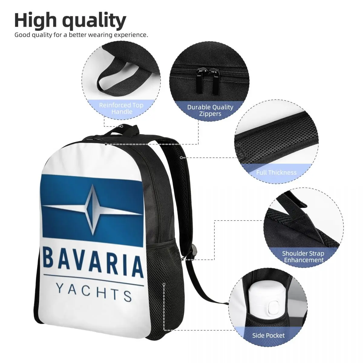 Bavaria Yachts Blue Silver Logo Student Backpack School Bag Hiking Travel Daypack for Men Women Fashion Bookbag Shoulder Bags