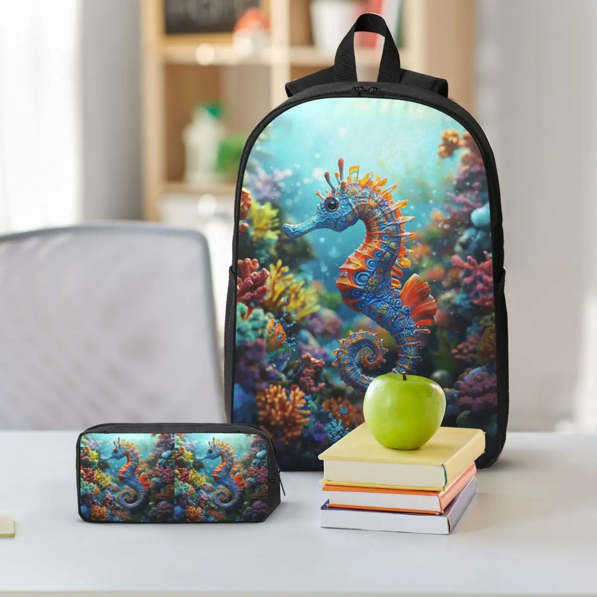 Seahorses Underwater World Backpack Boys Girls BookBag School Bag Shoulder Bags 3ps Insulated Lunch Bag Pencil Case