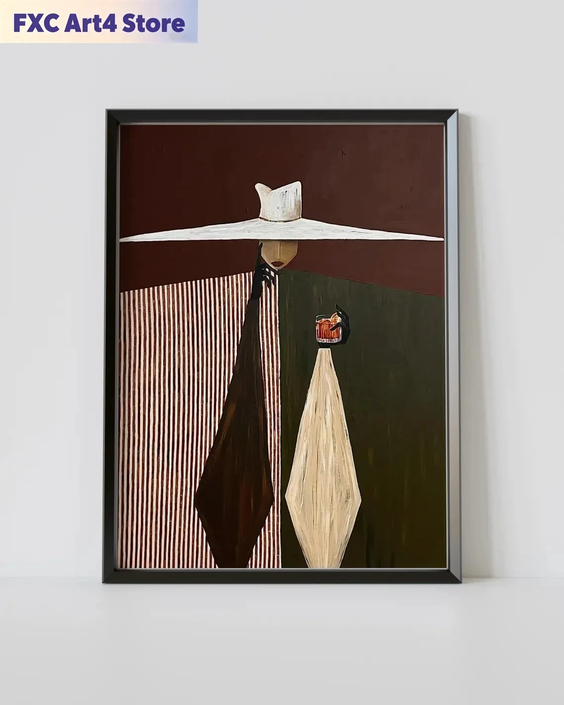 Frameless Minimalist Woman in White Hat Canvas Prints Modern Figurative Wall Art Stylish Cocktail Illustration Contemporary Fash