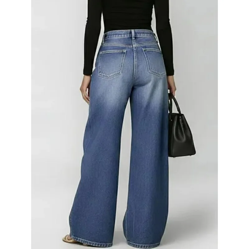 New Style of European and American Women's Jeans Metal Hole Design Casual Loose High-waisted Wide-leg Jeans That Are Fashionable 3
