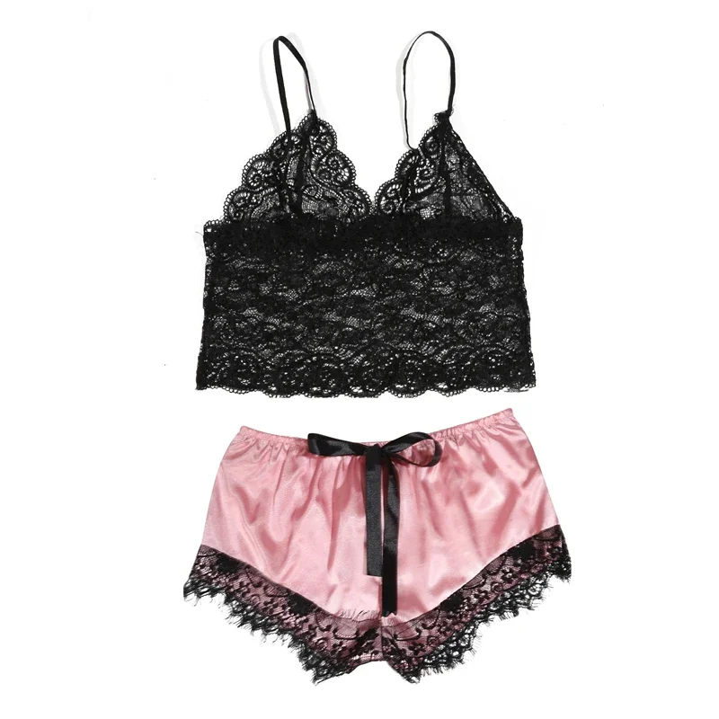 Sexy Lace Silk Sleepwear Two Piece Set Of Suspender Shorts For Women Pajamas Set Lingerie Crop Tops Shorts Nightwear