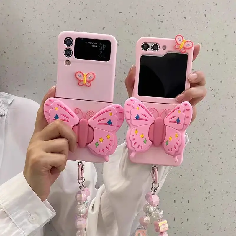 For Samsung Galaxy Z Flip 6 5 4 3 5G F7110 F7070 Luxury Crystal Cute Girl Korea Butterfly Candy Wrist Strap Phone Case Cover