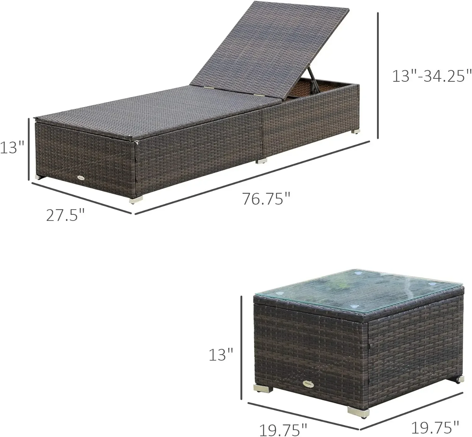 Set kursi malas Outsunny 2 dengan sandaran 5 sudut, meja kopi luar ruangan, bantal penolak air, PE rotan anyam di Kolam