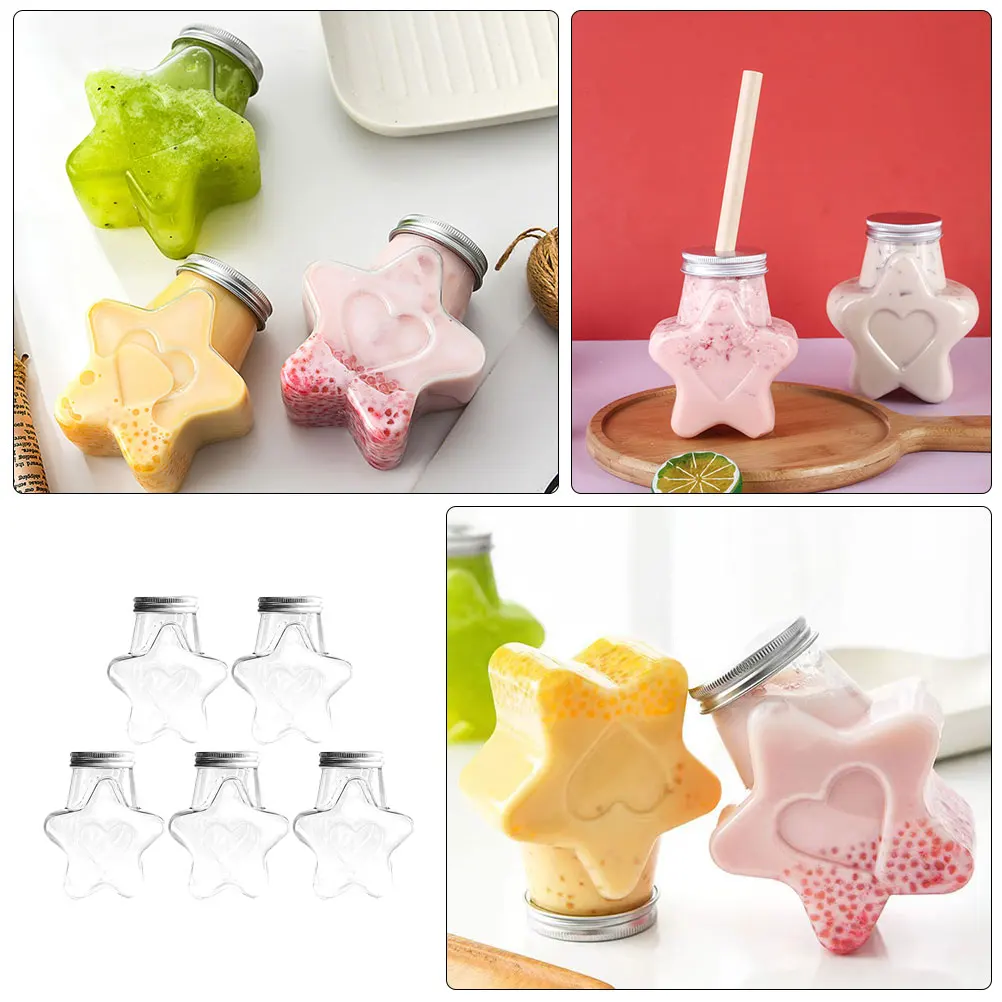

5pcs Plastic Cold Drink Bottles Star Shape Sealing Juice Milk Containers Leakproof Portable Beverage Holders Reusable Clear