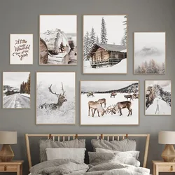 White Snow Winter Deer Fox Wood House Posters Prints Canvas Painting Nordic Wall Art Pictures Mural Living Room Home Decor