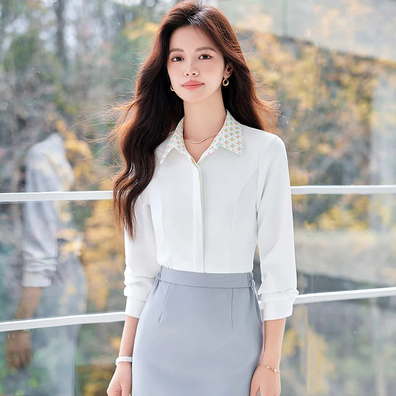 White Long Sleeve Shirt2024Spring and Autumn New Business Suit Slim Fit Slimming Top Blouse for Commuting Skirt Two-Piece Set