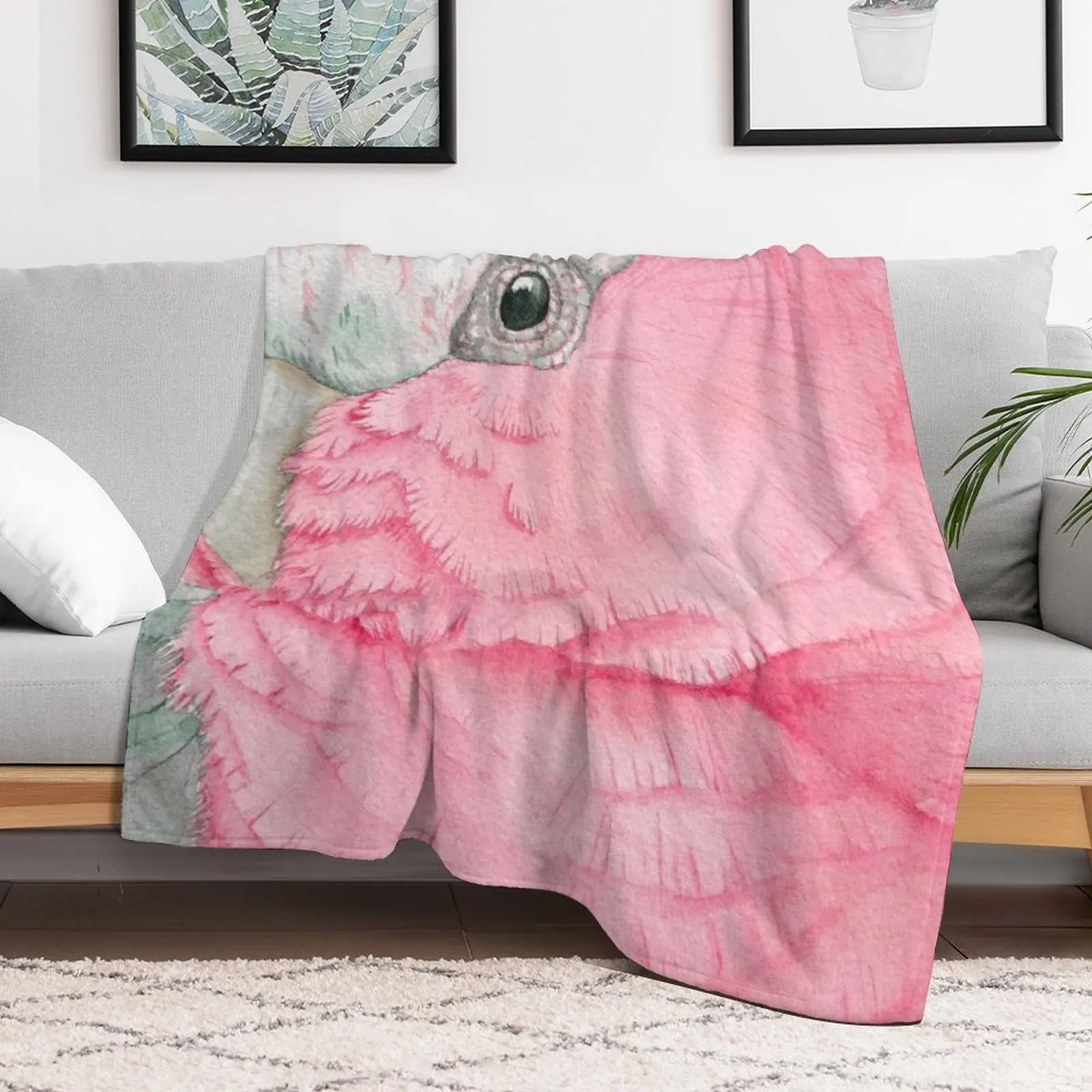 Watercolor Galah pink cockatoo watercolor portrait Throw Blanket Bed linens Hairy Thins Hairys Blankets