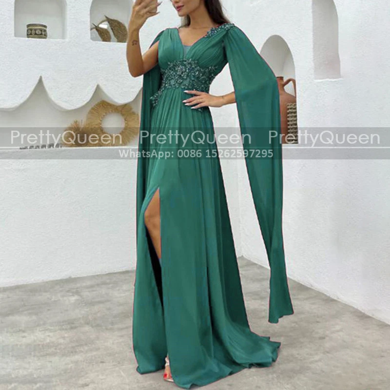 

Customized Women A Line Bridesmaid Dresses With Capped Sleeves Appliques Long Cloak V Neck Wedding Party Dress Maid Of Honor