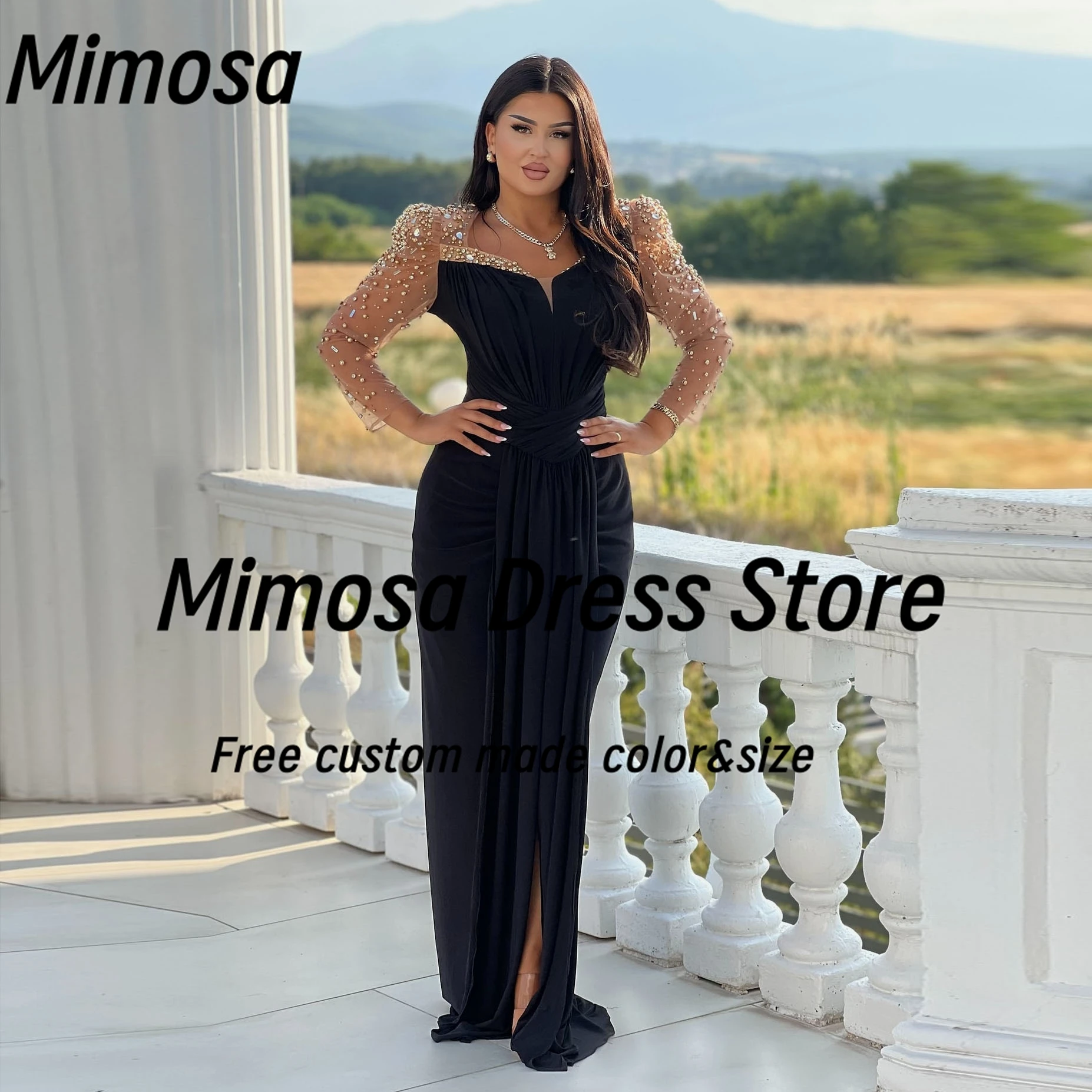 

Mimosa Черные платья для выпускного вечера с рюшами и боковым разрезом с квадратным вырезом и длинными рукавами из бисера Свадебная вечеринка Вечерние специальные платья по индивидуальному заказу