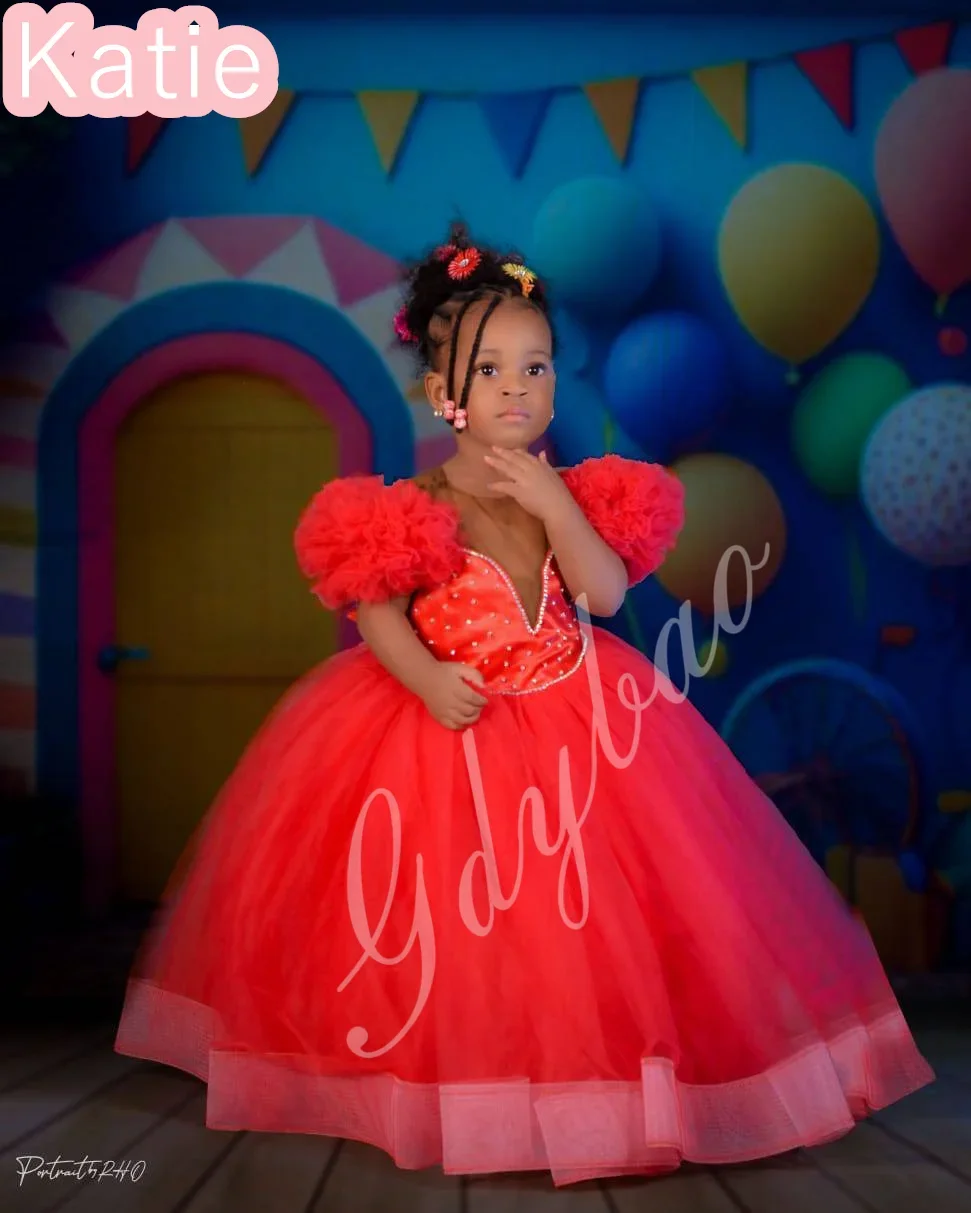 فستان فتاة الزهور الحمراء لحفلات الزفاف رقبة شفافة مطوي الكشكشة المتدرج تول الترتر فستاين سهرة/فساتين الحفلات أعياد ميلاد الأطفال فستان التواصل الأول