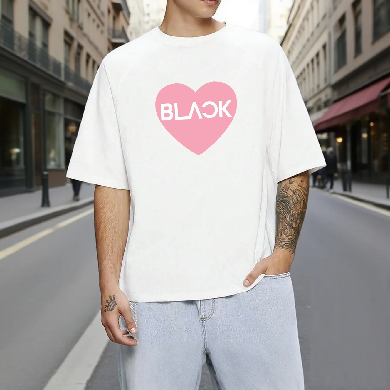 

Man & Women Clothes 100% Cotton Graphic T-Shirts With Black & Pink Heart Shape Print Summer Tops Y2k Streetwear Short Sleeve Tee