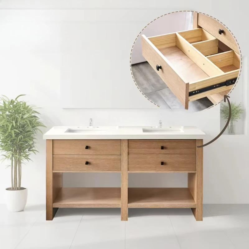 

Waterproof Oak Wood Cabinet 2 Soft-Close Drawers Freestanding 60" Double Sink Bathroom Vanity