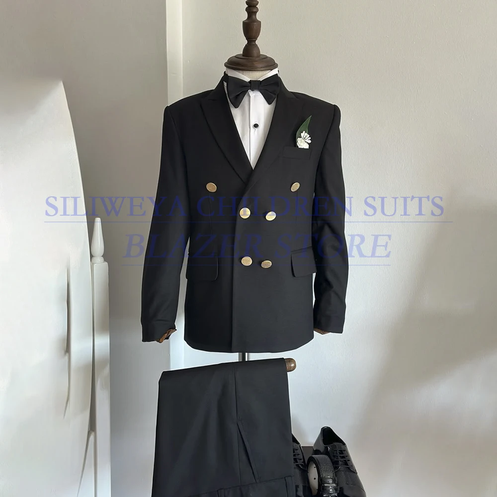 

Elegant Black Boy's Suits Clothing Luxury Wedding Double Breasted Peak Lapel 2 Piece Jacket Pants Customzied Children Outfits