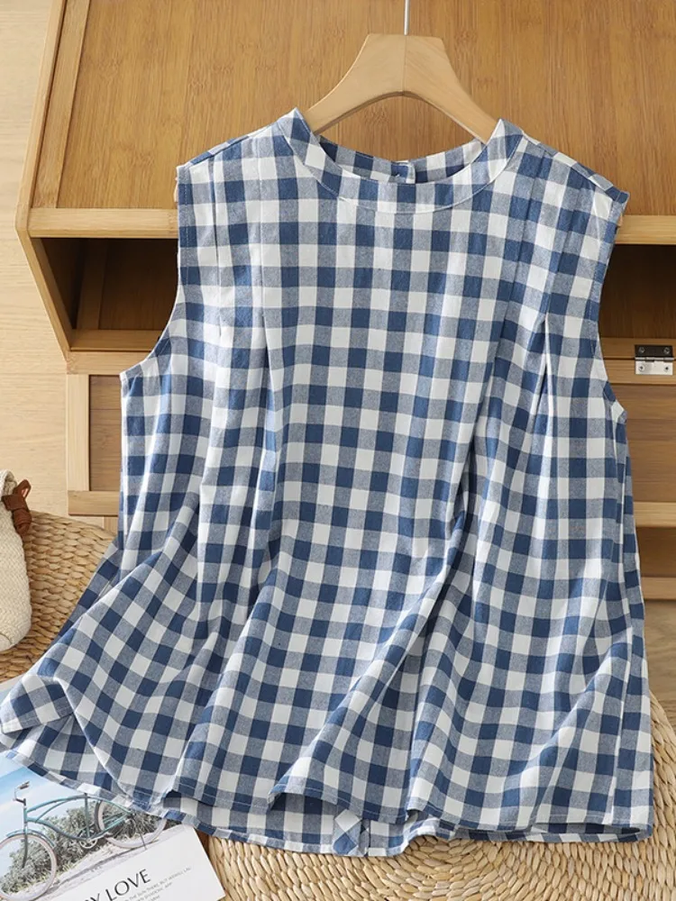 

Художественная синяя клетчатая хлопково-льняная рубашка без рукавов для женщин, летняя уличная одежда, омолаживающая, стройнящая, милая рубашка-топ в стиле кукольного костюма