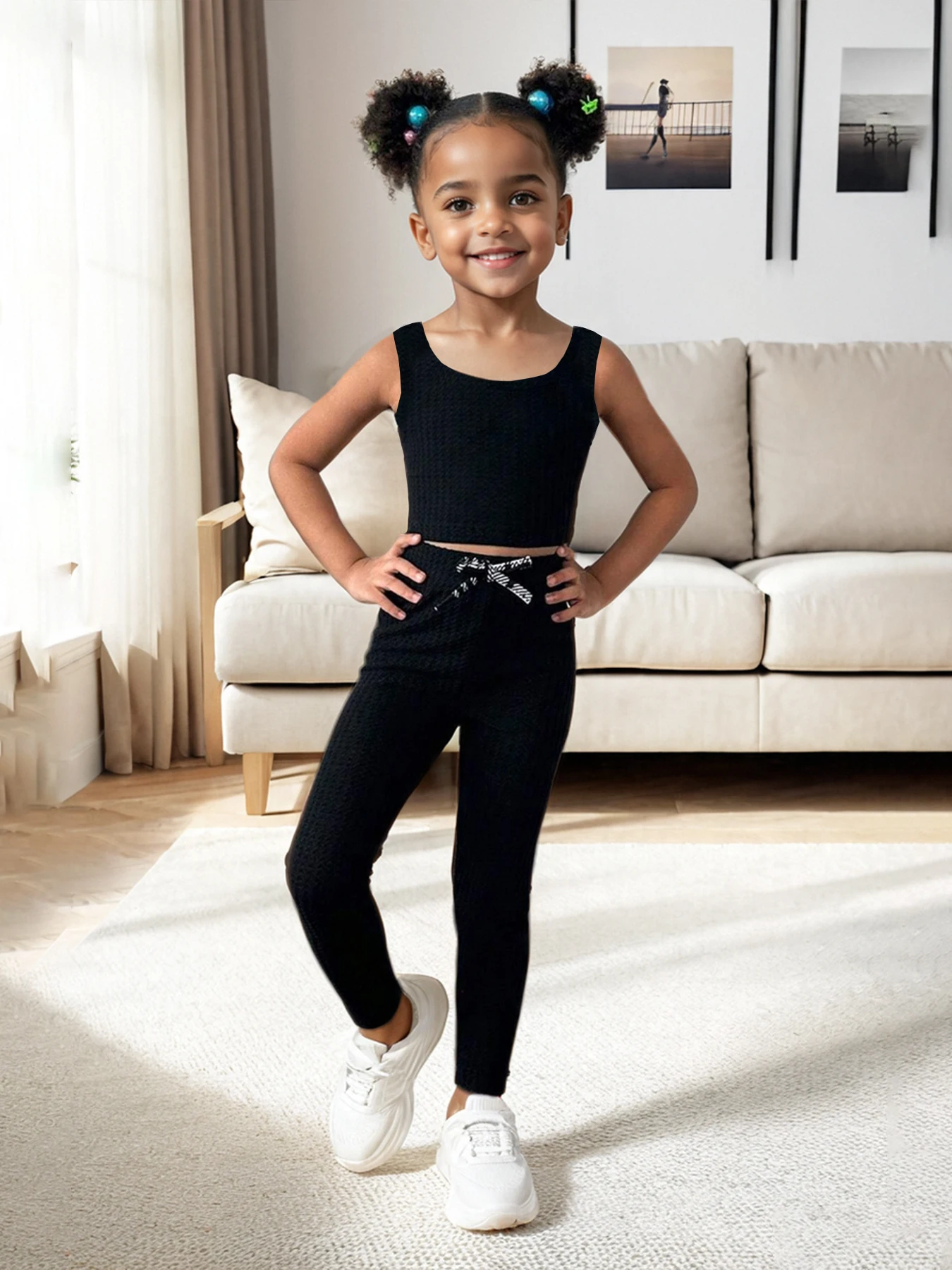 3-teiliges kariertes Outfit für Mädchen, karierte Jacke mit offener Vorderseite, Waffel-Crop-Top und Leggings mit Bindegürtel, lässiges Streetwear-Set für Kinder – Detail 4