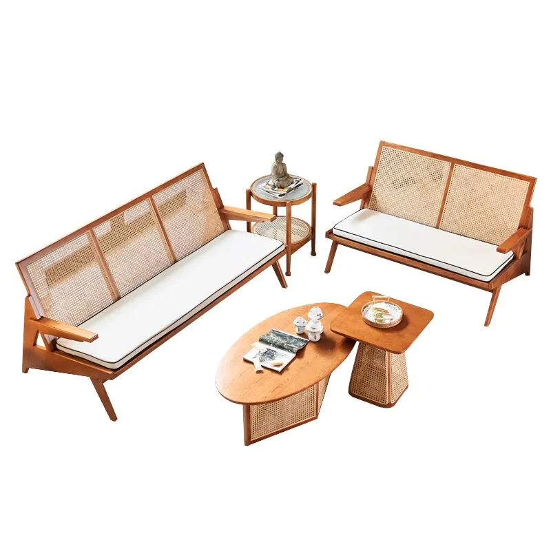 Rattan sofa combination rattan art small apartment medieval solid wood recliner Japanese-style homestay