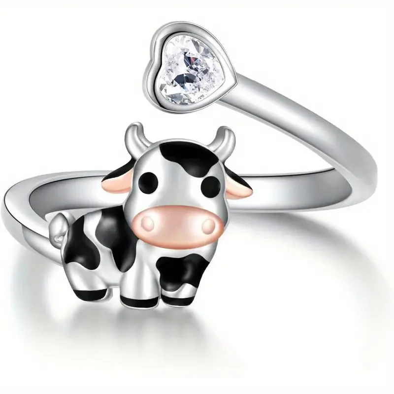 Huitan Niedliche Kuh-Öffnungsringe mit Herz, Zirkonia, für Damen, rosa Kuh-Tier-Finger-Accessoire, Alltagskleidung, Statement-Schmuck