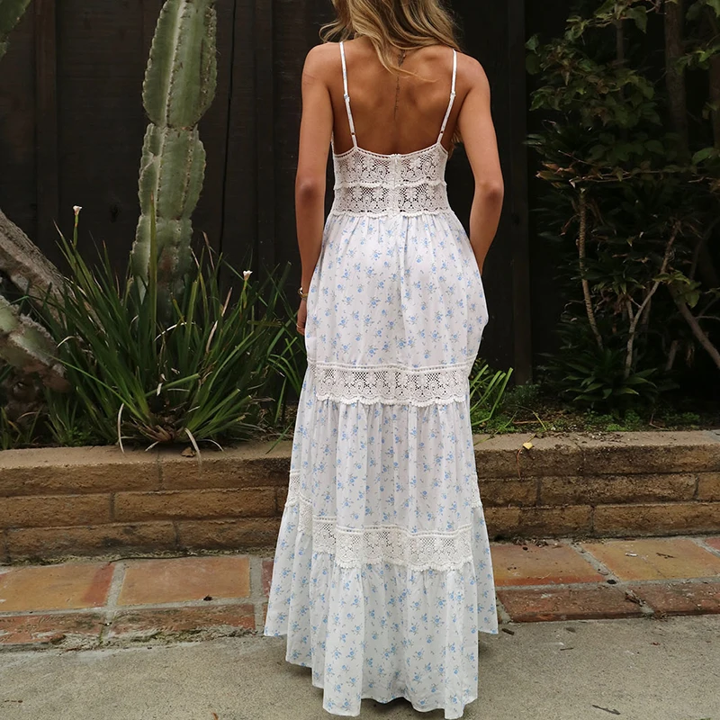 Maemukilabe Abito lungo da donna patchwork in pizzo Abito lungo floreale Boho senza schienale con cinturino per spaghetti Scollo a V Taglio basso Flowy Sunderss