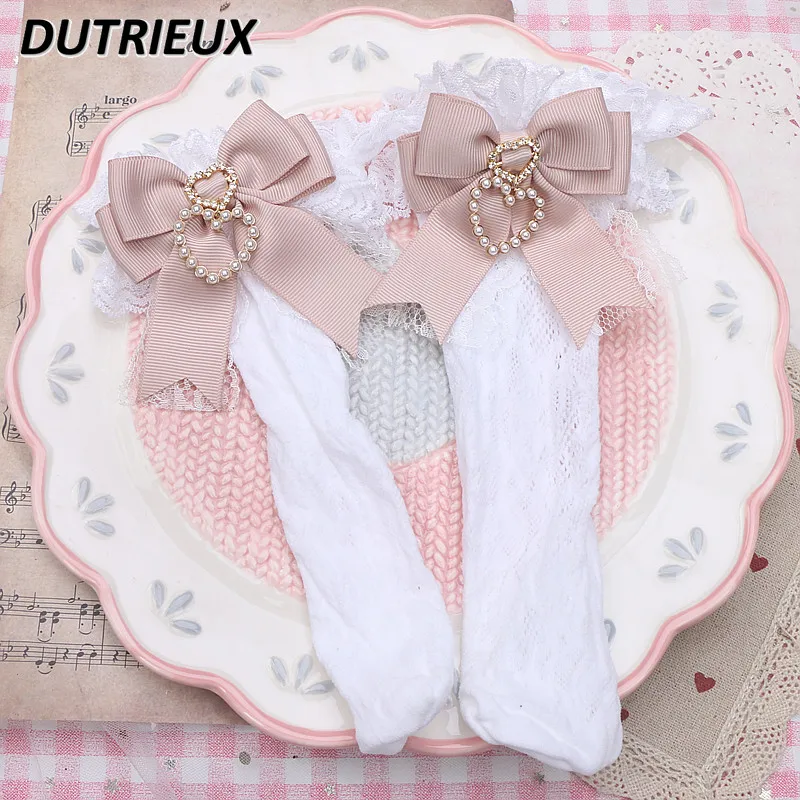 Handmade Sweet Lolita Socks Female Sweet Bow Pearl Heart Pendant Lace Tube Socks for Women Japanese Short Socks Kawaii Girls