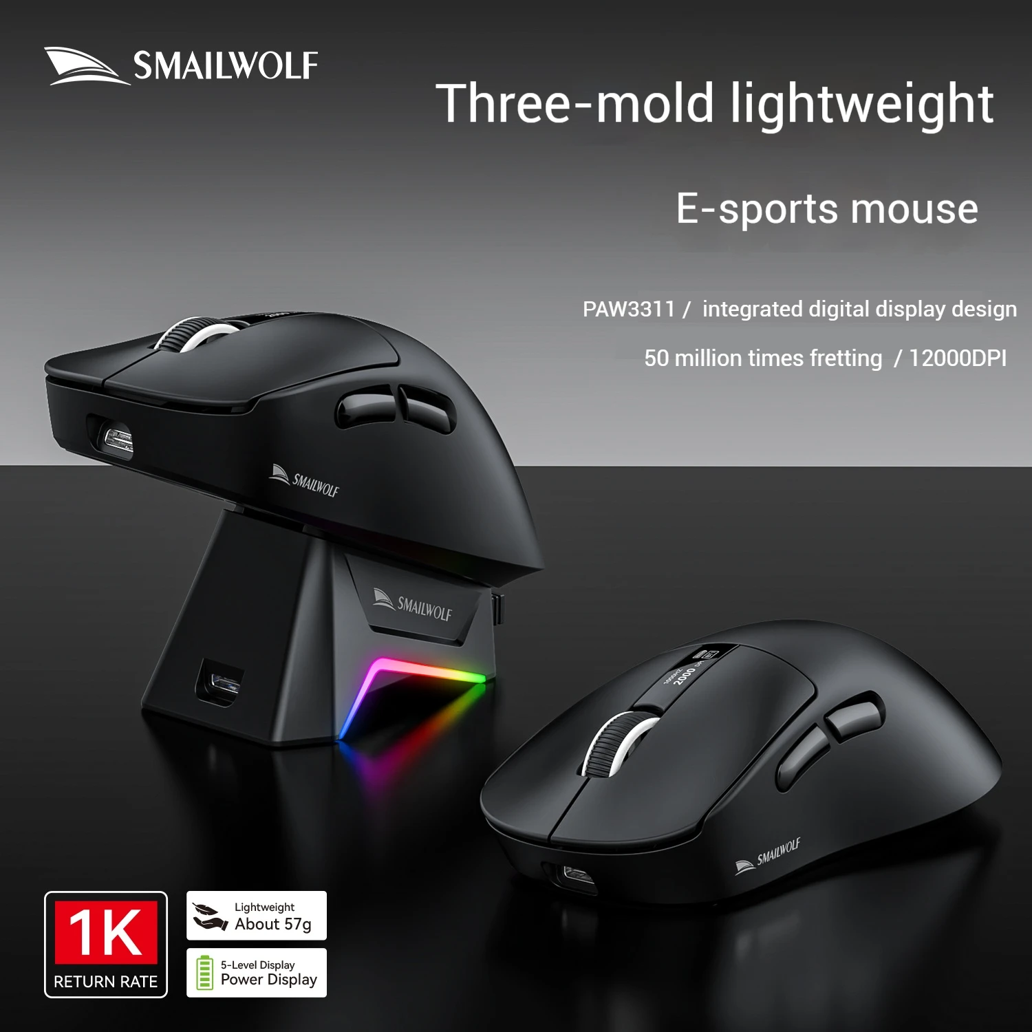 SMILWOLF M6 draadloze lichtgewicht gamingmuis RGB-oplaaddock PixArt PAW3311-sensor, BT/2.4G draadloos/bedraad