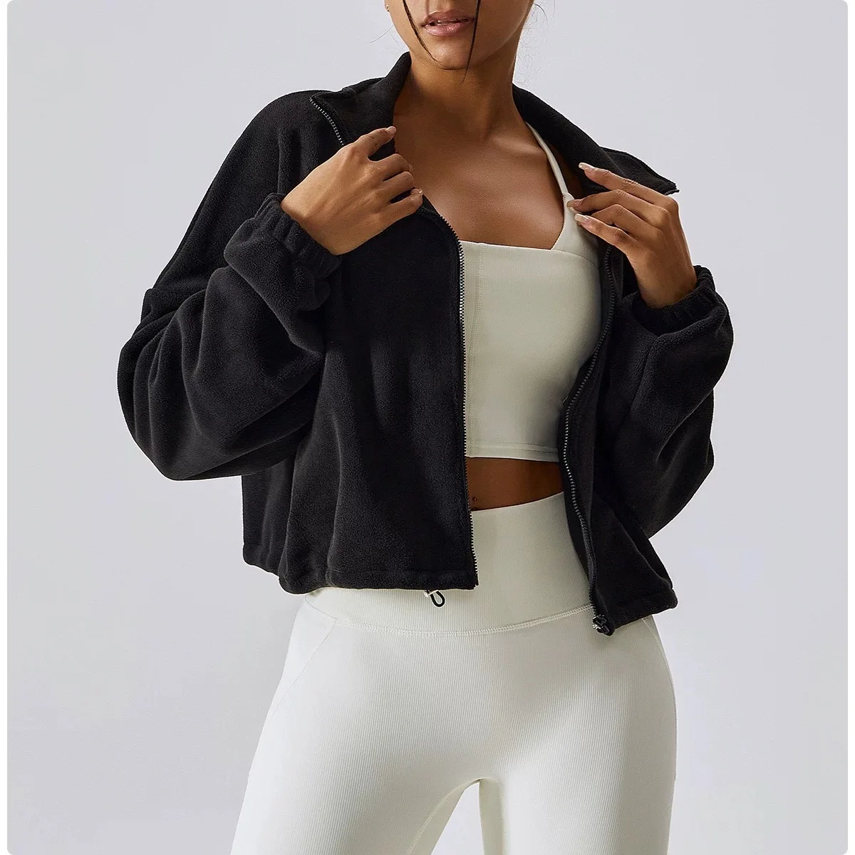 Women's warm sports and leisure jacket, autumn and winter fleece stand up collar loose and plush warm short jacket