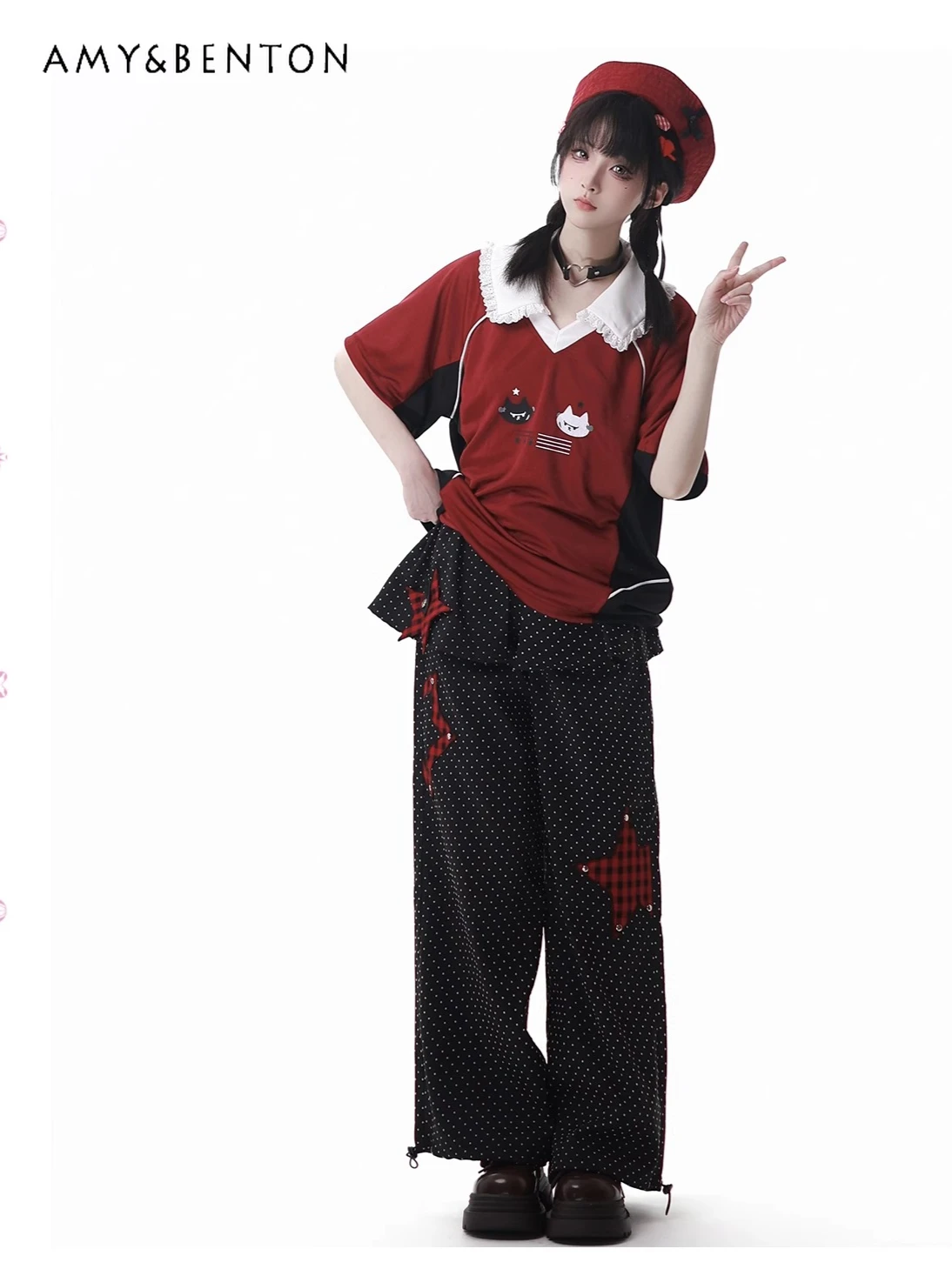 Verão doce menina bolinhas impressão roupas casuais bonito gola de boneca emenda cor de manga curta topo tutu saia conjunto de duas peças