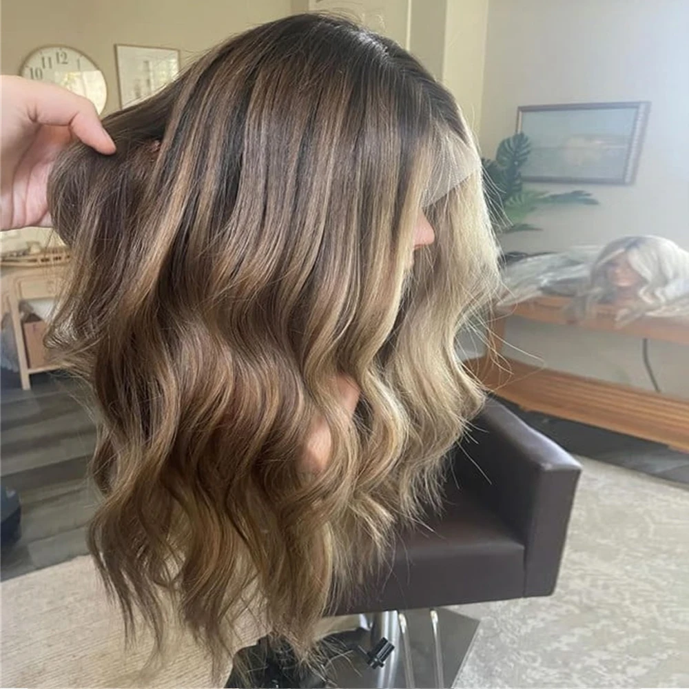 Brunette Balayage Lace Frontal Wig Rooted Heat Friendly Synthetic Wig Highlights Bouncy Wavy Wig for White Black Women 26Inch