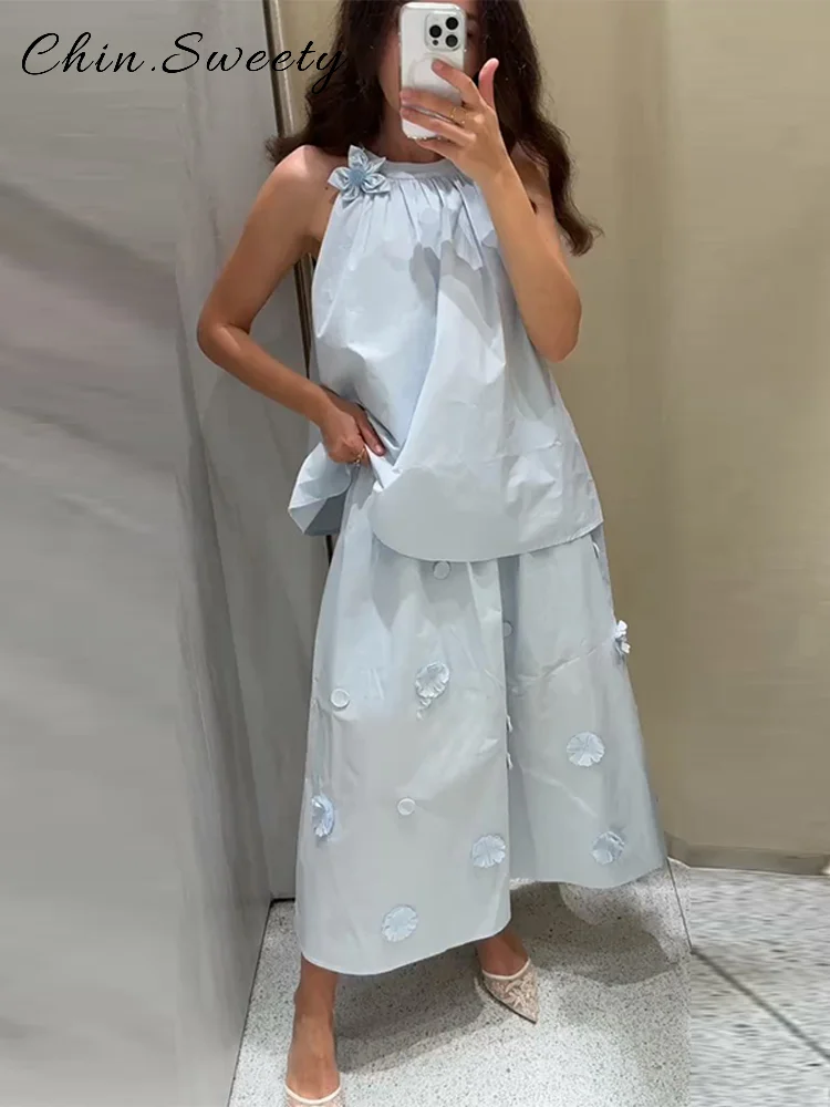 Moda 3d decalque saias longas define feminino solto o-pescoço sem mangas colete cintura elástica a linha saia plissada 2025 verão senhora ternos