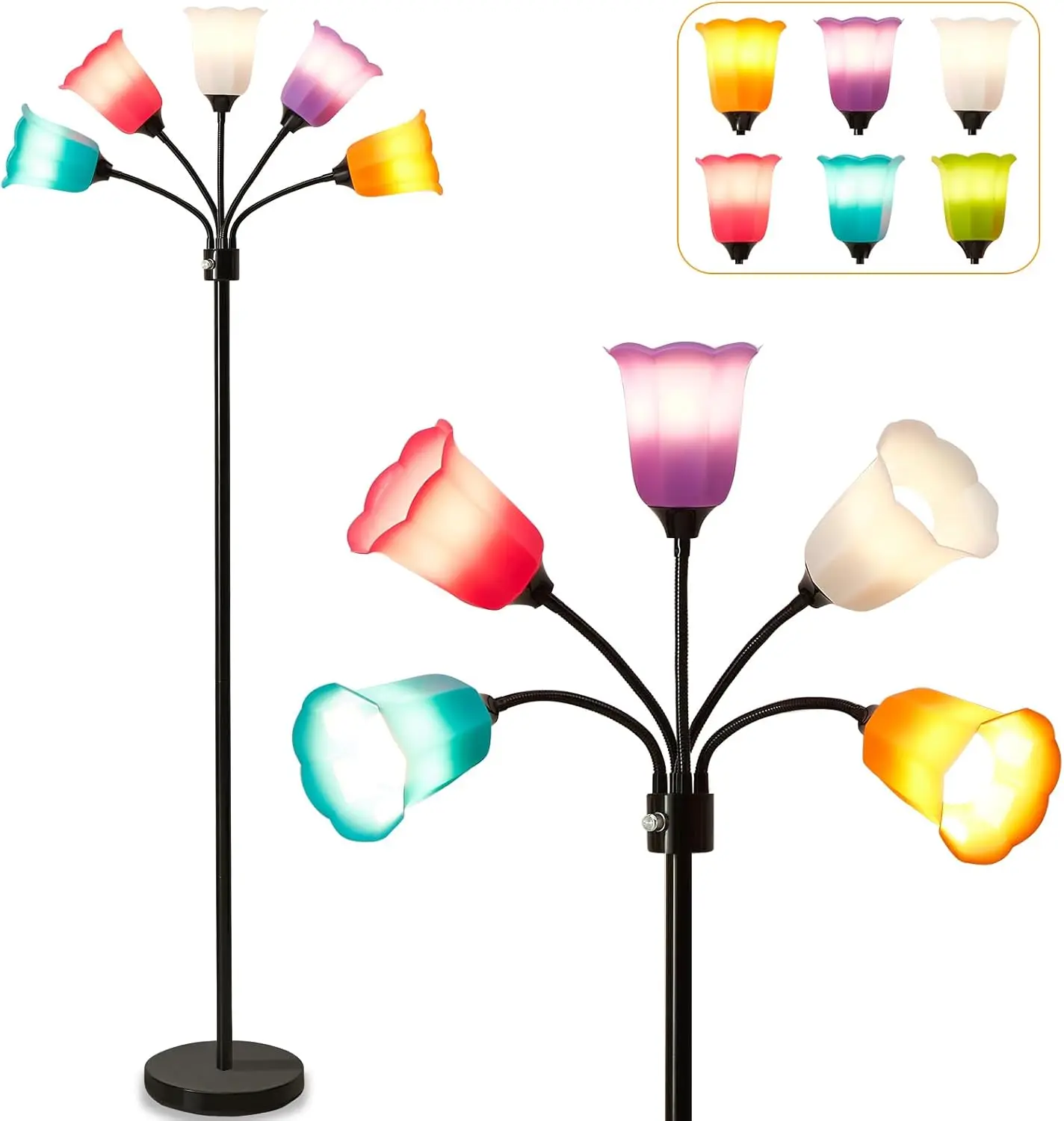 

Adjustable Multi-Head LED Floor Lamp with 6 Color Lampshades for Living Room, Bedroom, Office - Tall Modern Design