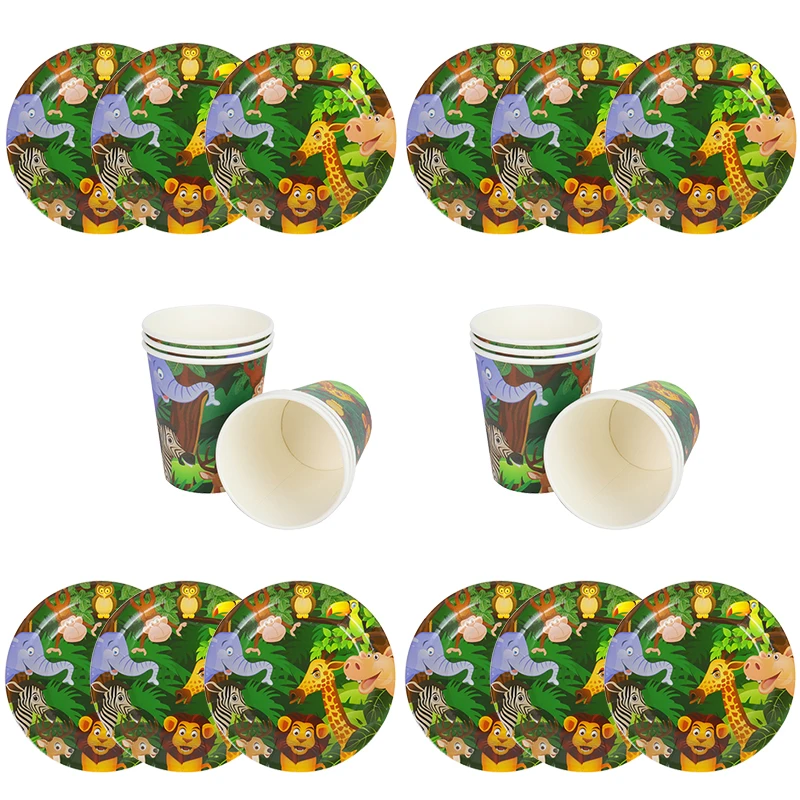 12pcs Jungle Animal Plate and Cup Set Safari Birthday Party Paper Disposable Plate Cup Kids Birthday Party Supplies