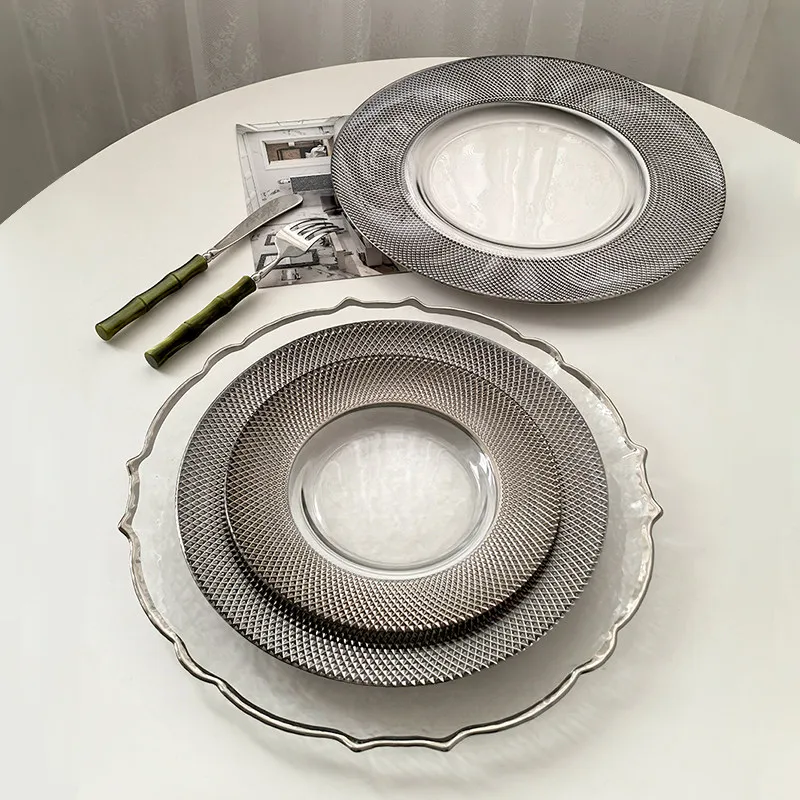 LIVETAI Light Luxury Electroplated Grid Glass Plate Elegant Fruit Dessert Snack Dish for Home Kitchen Hotel Restaurant Tableware