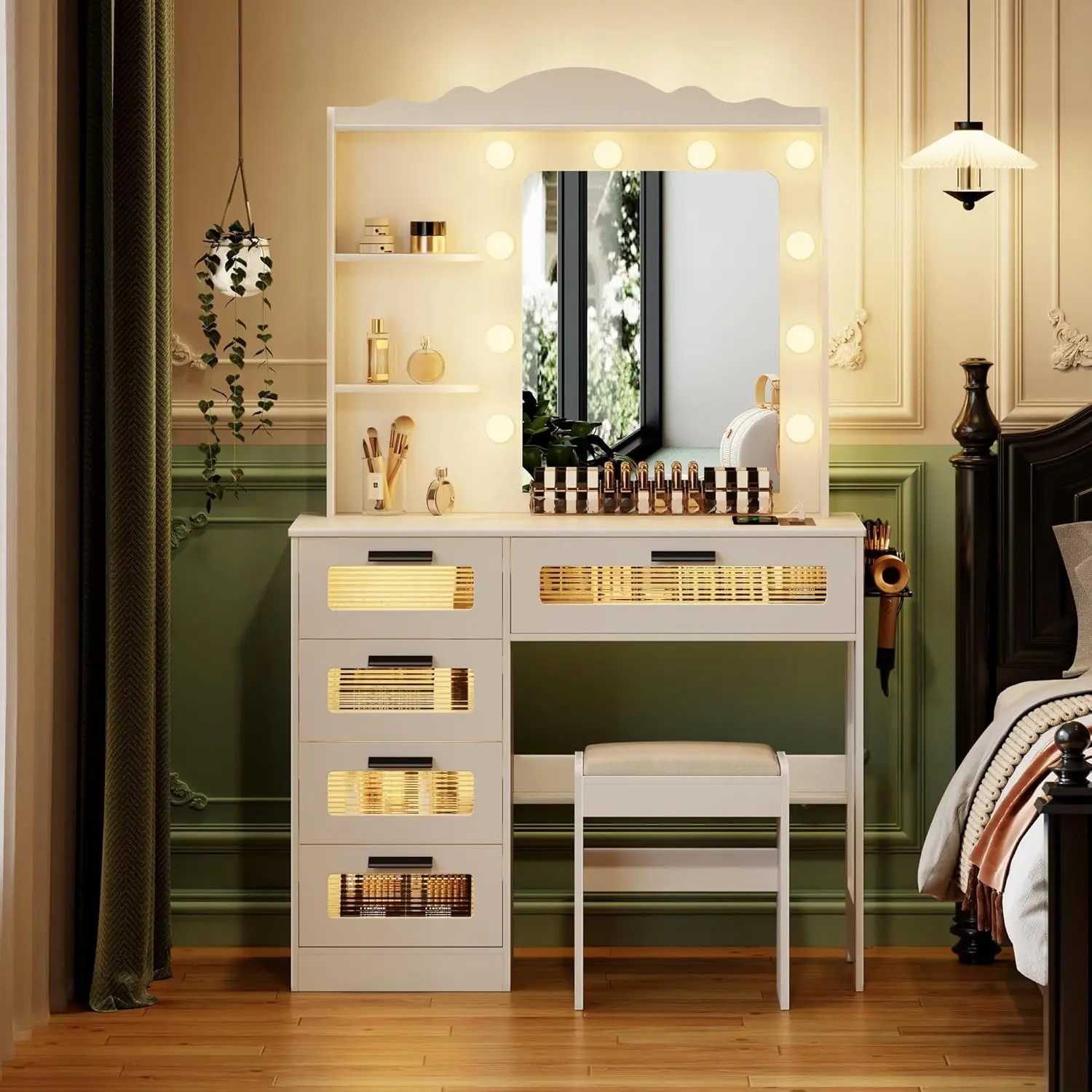 Bedroom Makeup Vanity Desk with Mirror and Lights, White, 5 Drawers, 2 Shelves, 10 Light Bulbs, USB Port, Human Sensor Design
