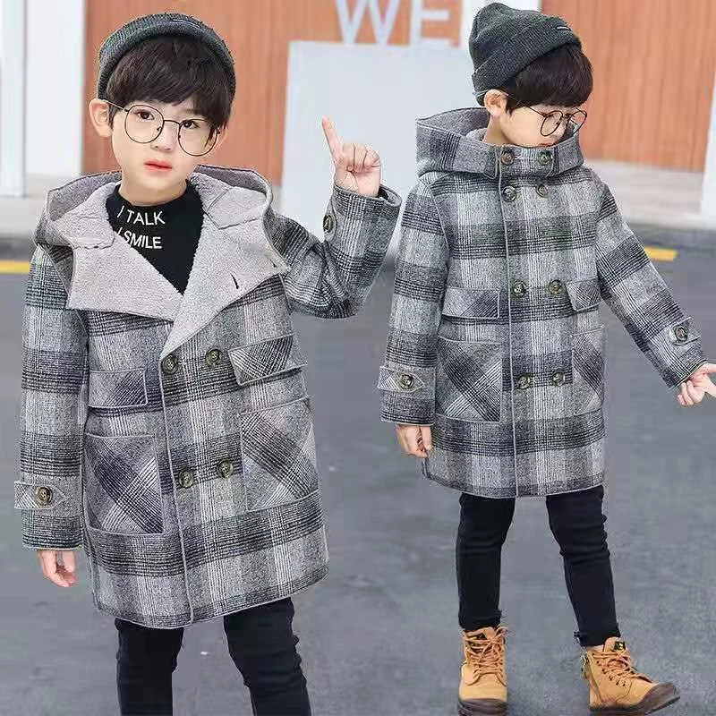 

Boy 3-10T Wool Coat Children's Jacket For Spring Autumn 2023 New Fashion Plus Velvet Hooded Plaid Outerwear Teenager Clothes