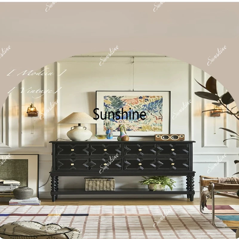 

French black solid wood porch cabinet retro living room, partition, high-end light luxury