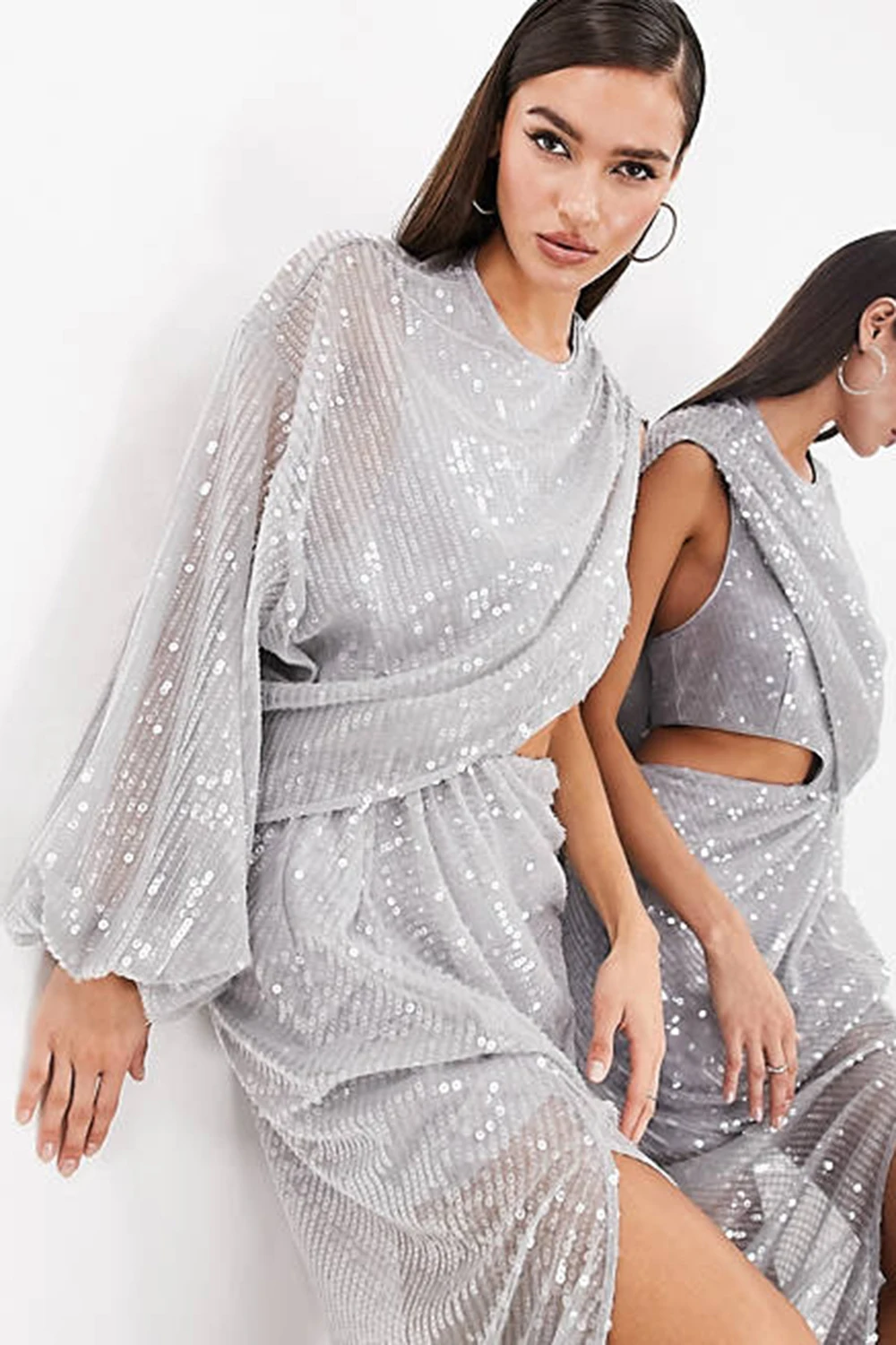 Feminino elegante uma manga festa oco vestido de noite prata saia longa fenda apertada lápis lantejoulas midi saia primavera outono outfit